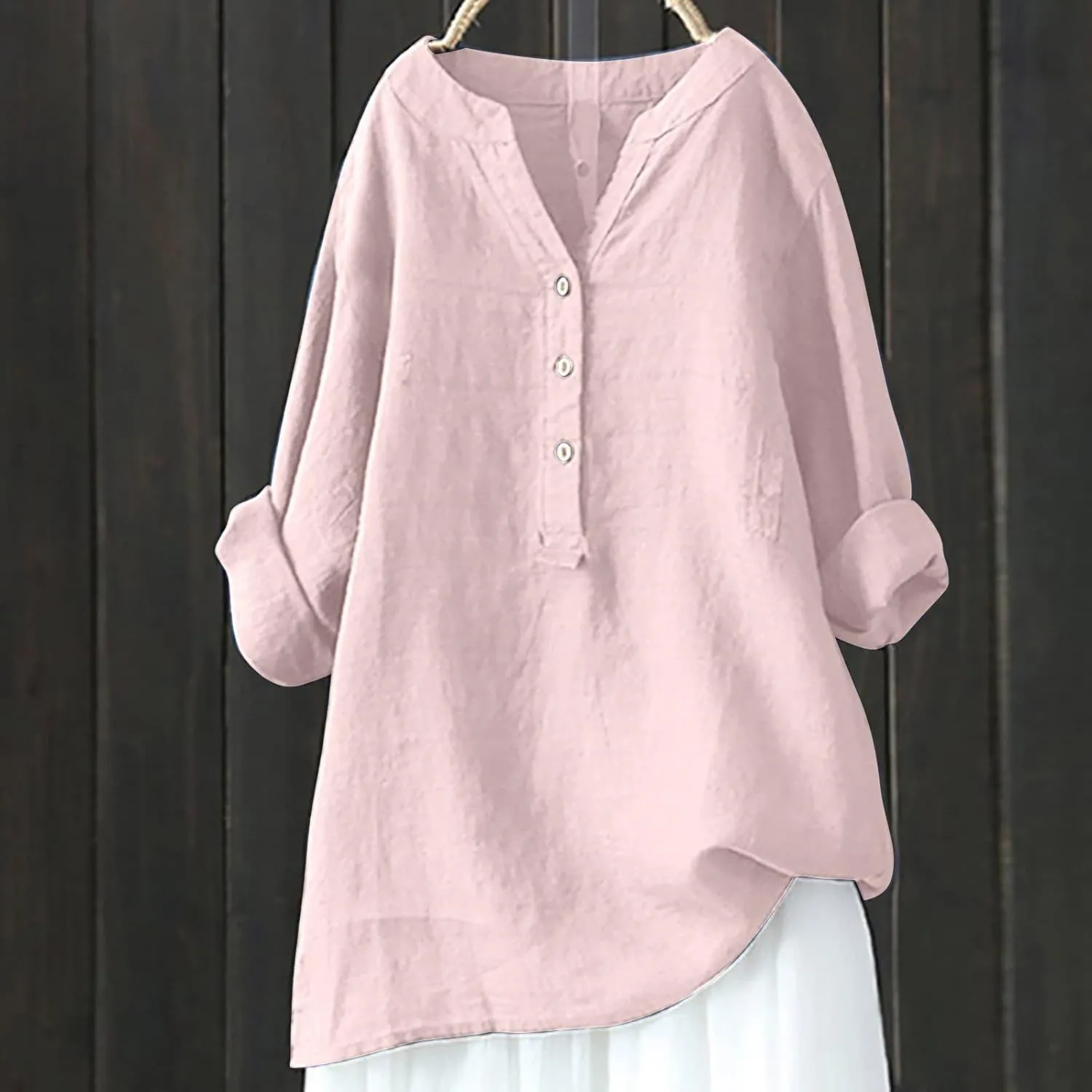 Linen Button Up Shirts for Women Plus Size Long Sleeve v Neck Summer Tops Loose Fit Dressy Casual Solid Blouses