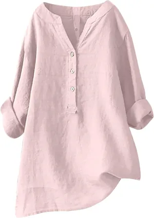 Linen Button Up Shirts for Women Plus Size Long Sleeve v Neck Summer Tops Loose Fit Dressy Casual Solid Blouses
