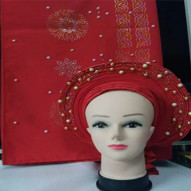 LIOCRAFT African Wedding Headband for Women with Shawl self Made Nigerian Gel, Gel Hele Turban ASO EBI, Wedding Headband Fabric for Bridal Party Dress Color 4965