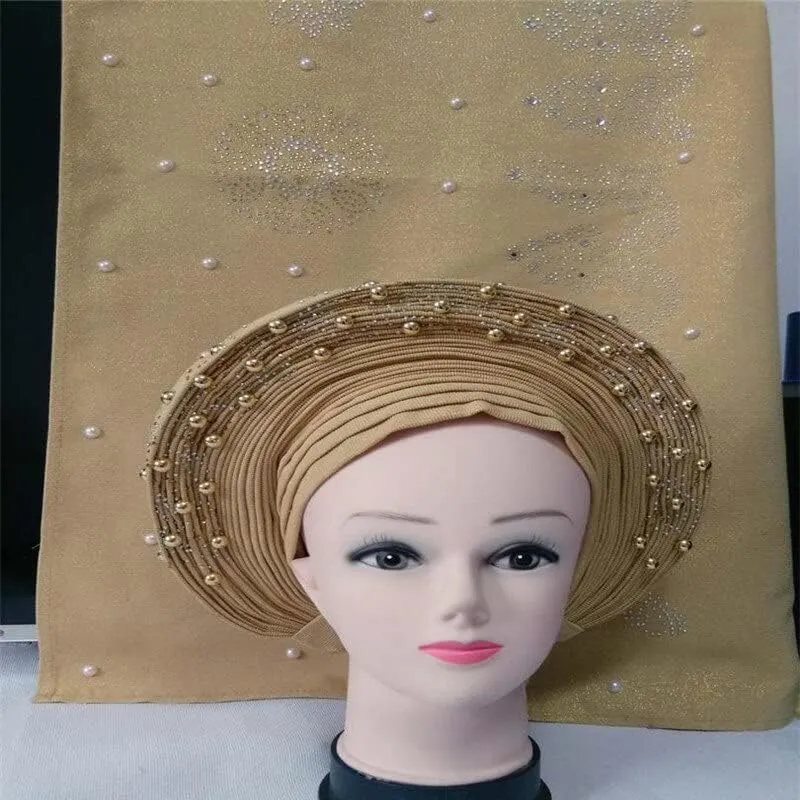 LIOCRAFT African Wedding Headband for Women with Shawl self Made Nigerian Gel, Gel Hele Turban ASO EBI, Wedding Headband Fabric for Bridal Party Dress Color 4965
