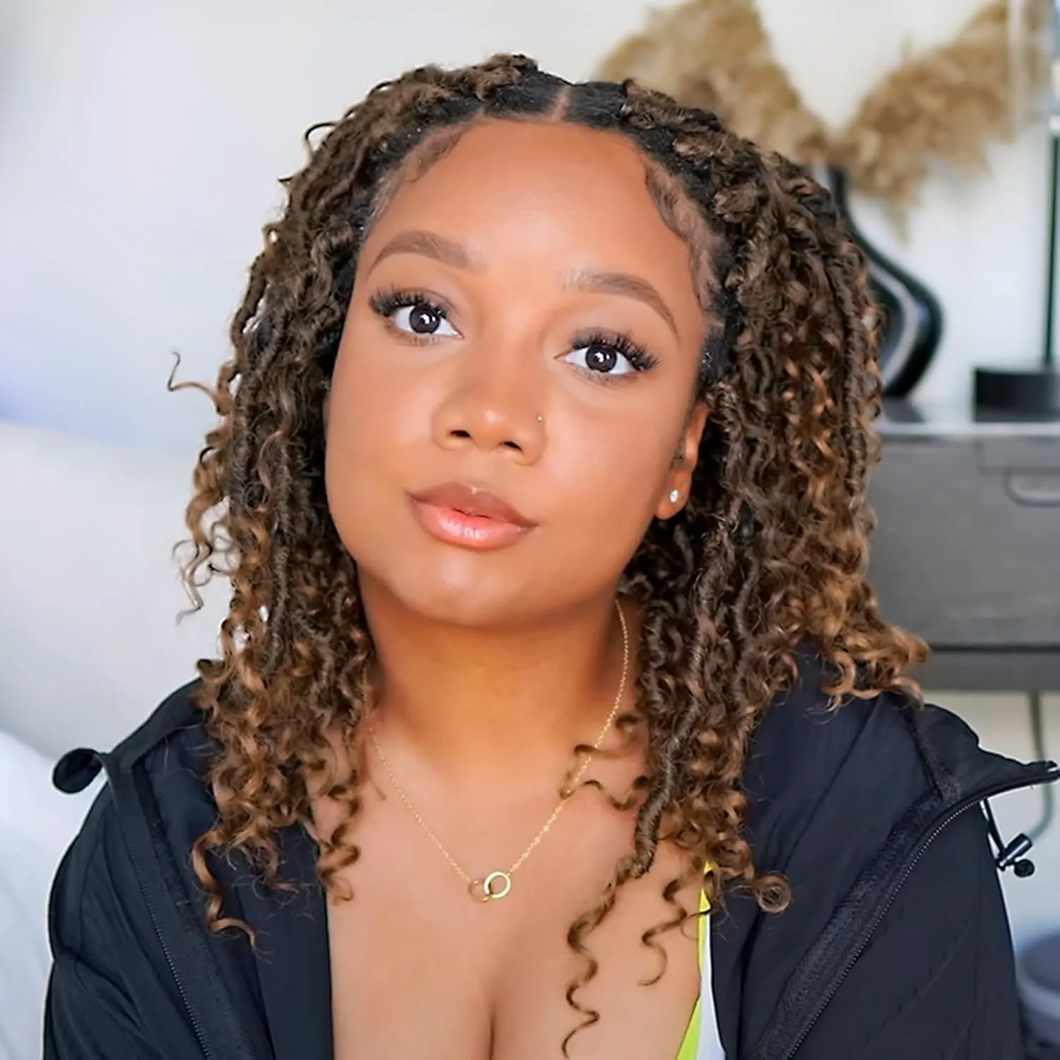 LIYATE Goddess Locs Crochet Hair 12 Inch 6 Packs Faux Locs Crochet Hair for Black Women Pre Looped Soft River Locs Crochet Braids with Curly Hair Bohemian Hippie Locs Hair Extensions(T1B/27)