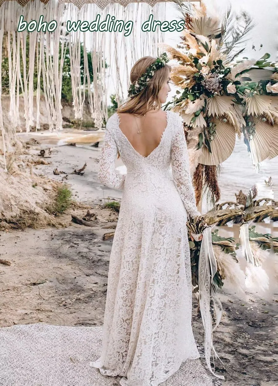 Long Sleeve Wedding Dresses for Bride Full Lace A Line Backless Boho Bridal Gown for Women