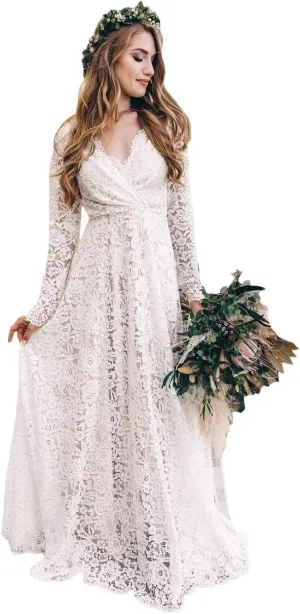 Long Sleeve Wedding Dresses for Bride Full Lace A Line Backless Boho Bridal Gown for Women