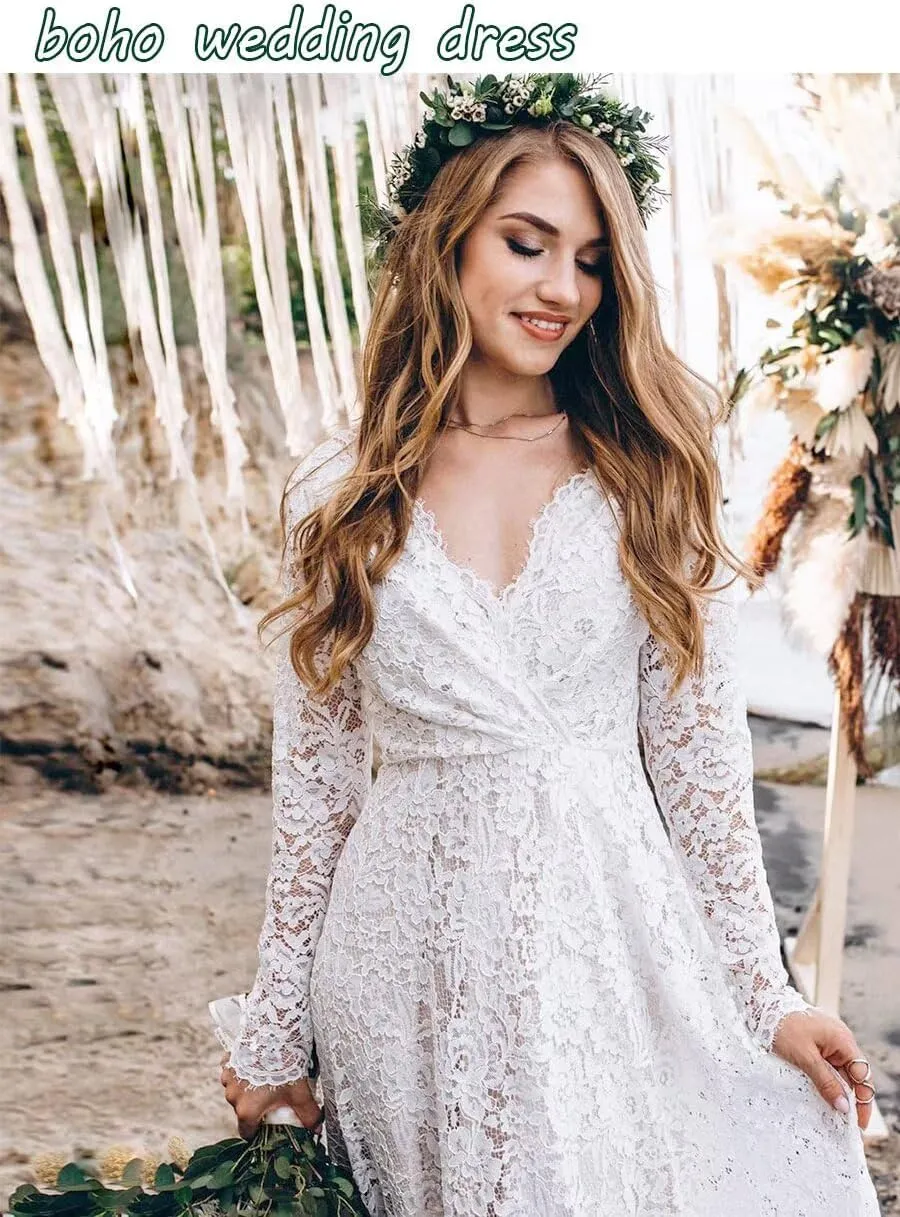 Long Sleeve Wedding Dresses for Bride Full Lace A Line Backless Boho Bridal Gown for Women
