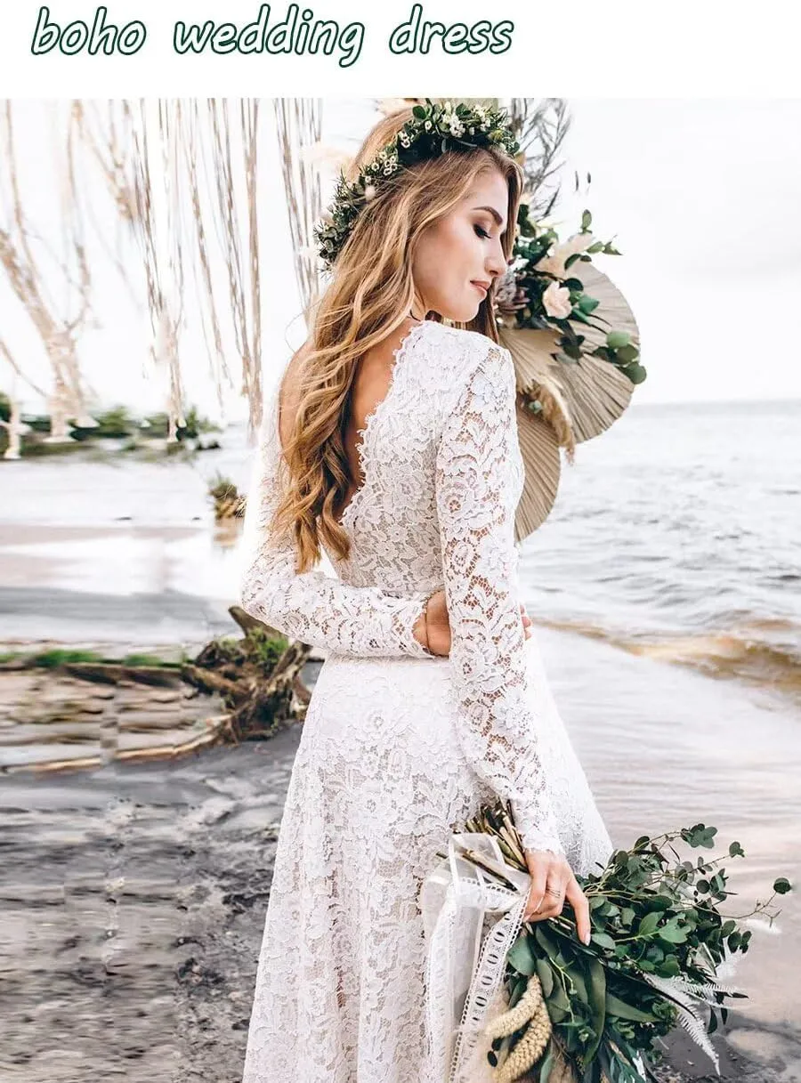 Long Sleeve Wedding Dresses for Bride Full Lace A Line Backless Boho Bridal Gown for Women