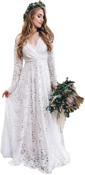 Long Sleeve Wedding Dresses for Bride Full Lace A Line Backless Boho Bridal Gown for Women