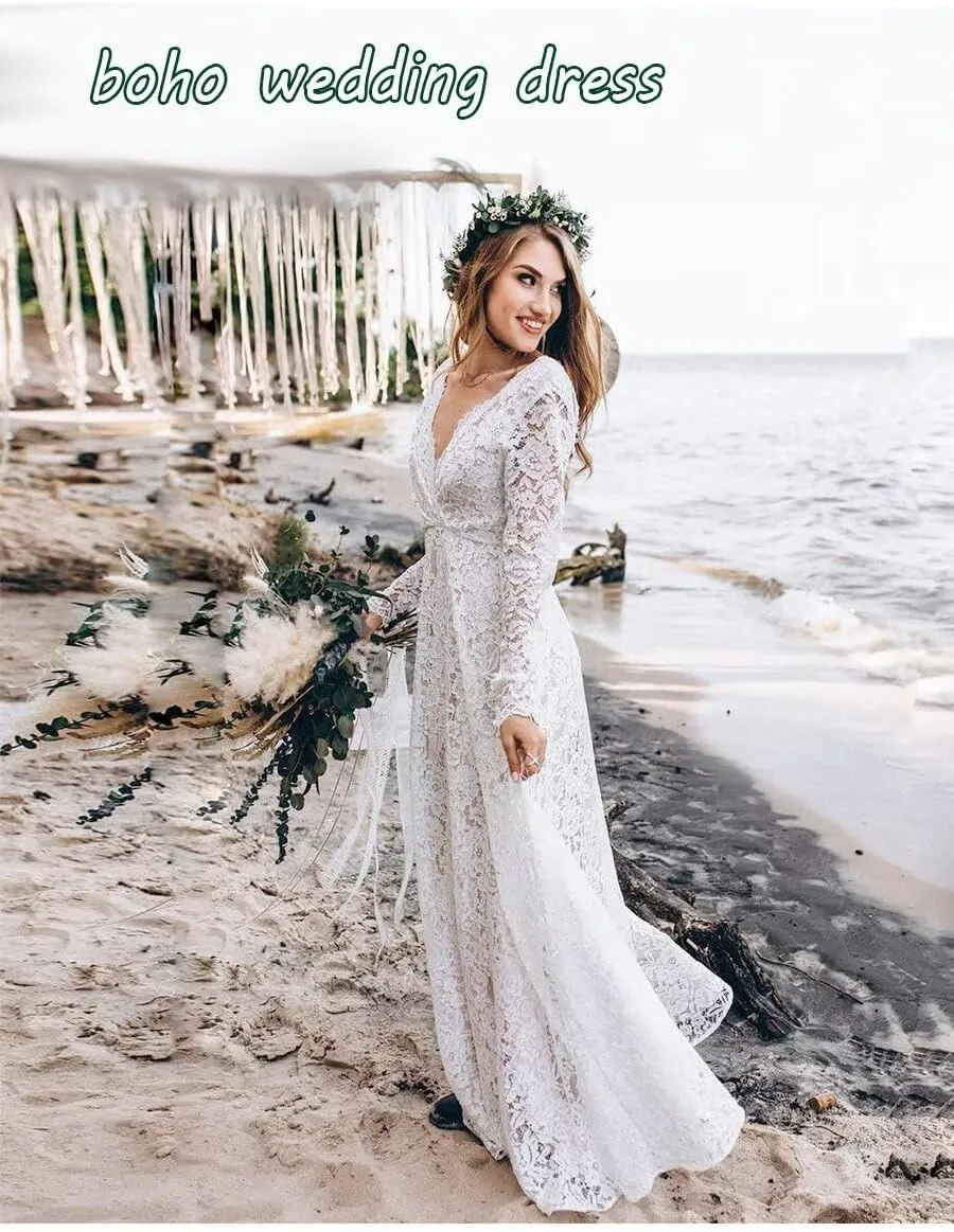 Long Sleeve Wedding Dresses for Bride Full Lace A Line Backless Boho Bridal Gown for Women