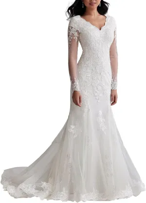 Long Sleeve Wedding Dresses for Bride Mermaid Lace Sparkly Tulle V-Neck Full Back Bridal Dress