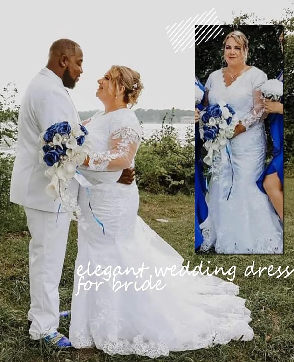 Long Sleeve Wedding Dresses for Bride Mermaid Lace Sparkly Tulle V-Neck Full Back Bridal Dress