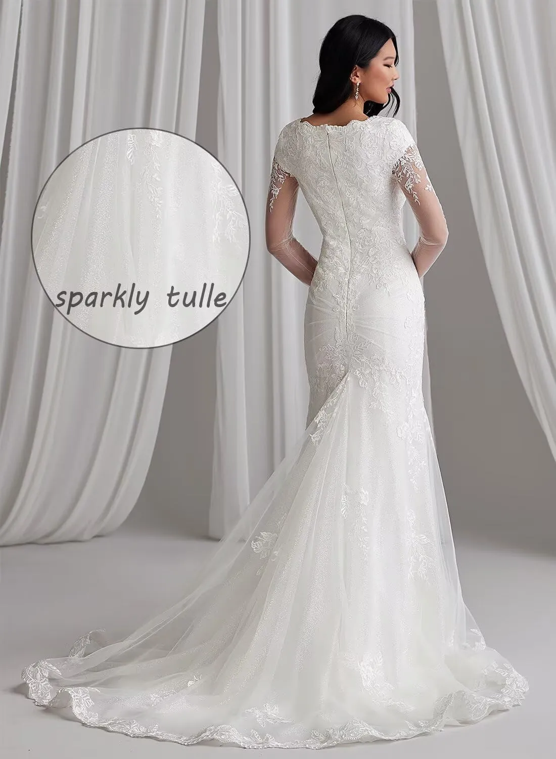 Long Sleeve Wedding Dresses for Bride Mermaid Lace Sparkly Tulle V-Neck Full Back Bridal Dress