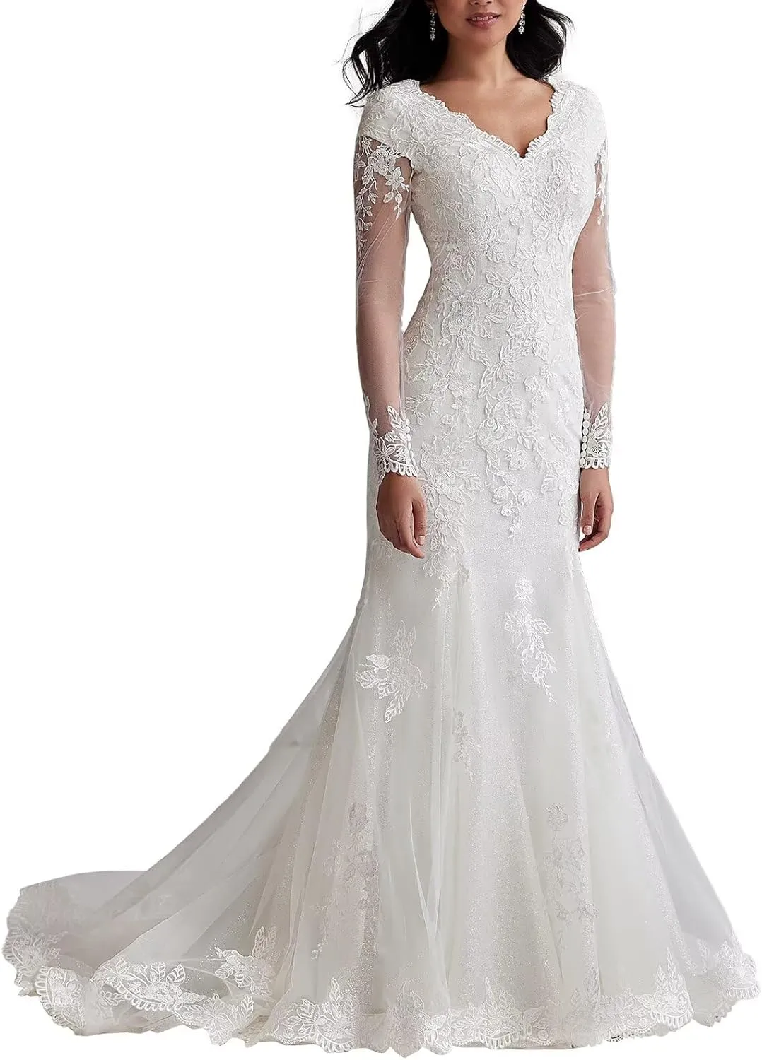 Long Sleeve Wedding Dresses for Bride Mermaid Lace Sparkly Tulle V-Neck Full Back Bridal Dress