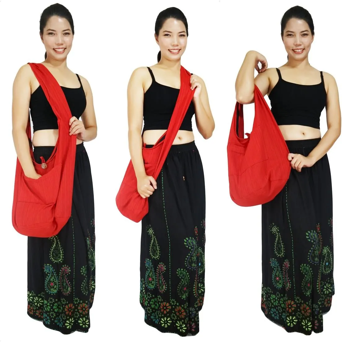 Lovely Creations Hobo Bohemian Sling Crossbody Shoulder Bag Hippie Gypsy Zip on Top Bag and Front Pocket