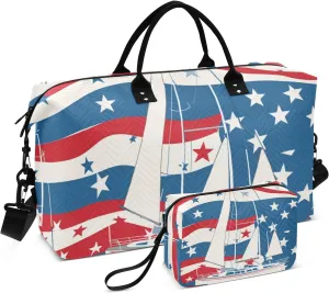 Luggage Travel Bag Overnight Weekender Bags Gym Sports Duffel Bags with Adjustable Strap for Trekking 2 Pcs Set American Flag Yacht 4th Of July Independence Day