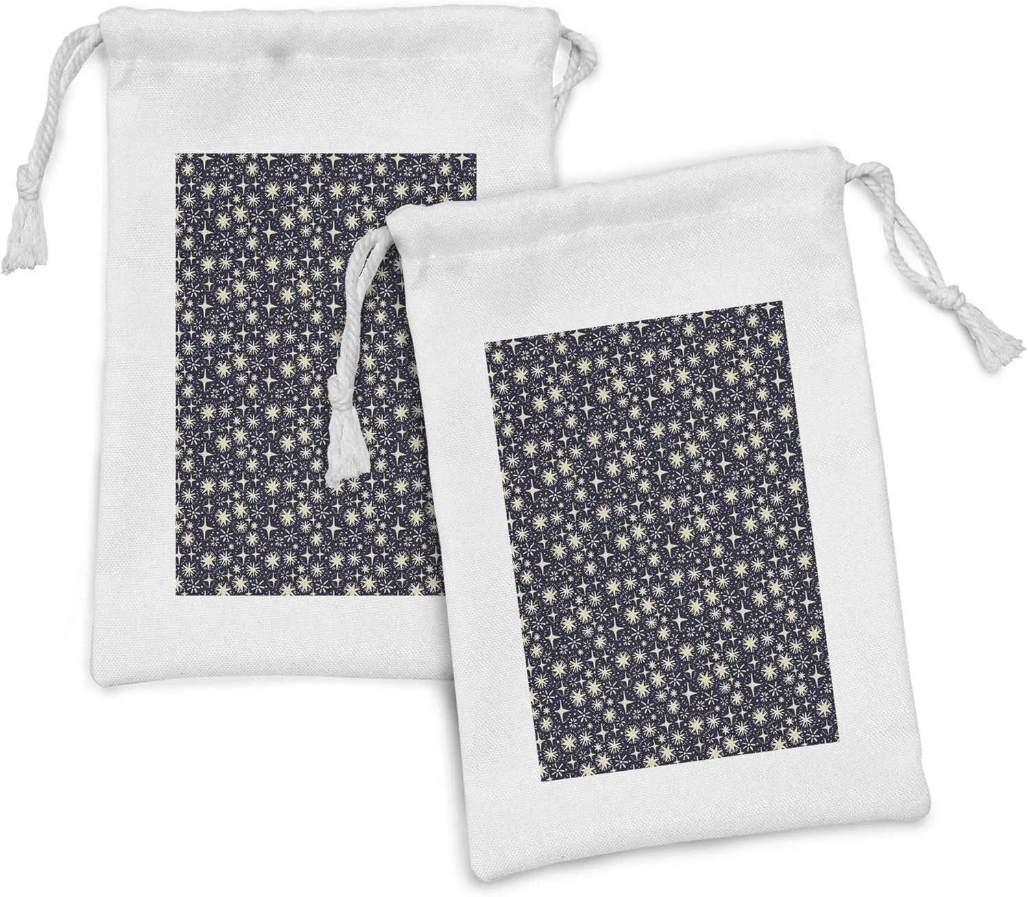Lunarable Bohemian Stars Fabric Pouch Set of 2, Doodle Sketch of Starry Night Abstract Cutsy Motifs Pattern, Small Drawstring Bag for Toiletries Masks and Favors, 9" x 6", Violet Blue Eggshell