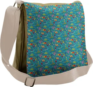 Lunarable Dinosaur Party Messenger Bag, Cartoon Reptile, Unisex Cross-body