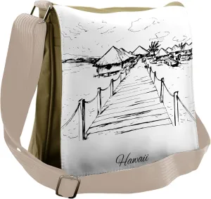Lunarable Hawaiian Messenger Bag, Sketch Style Dock Tiki Hut, Unisex Cross-body