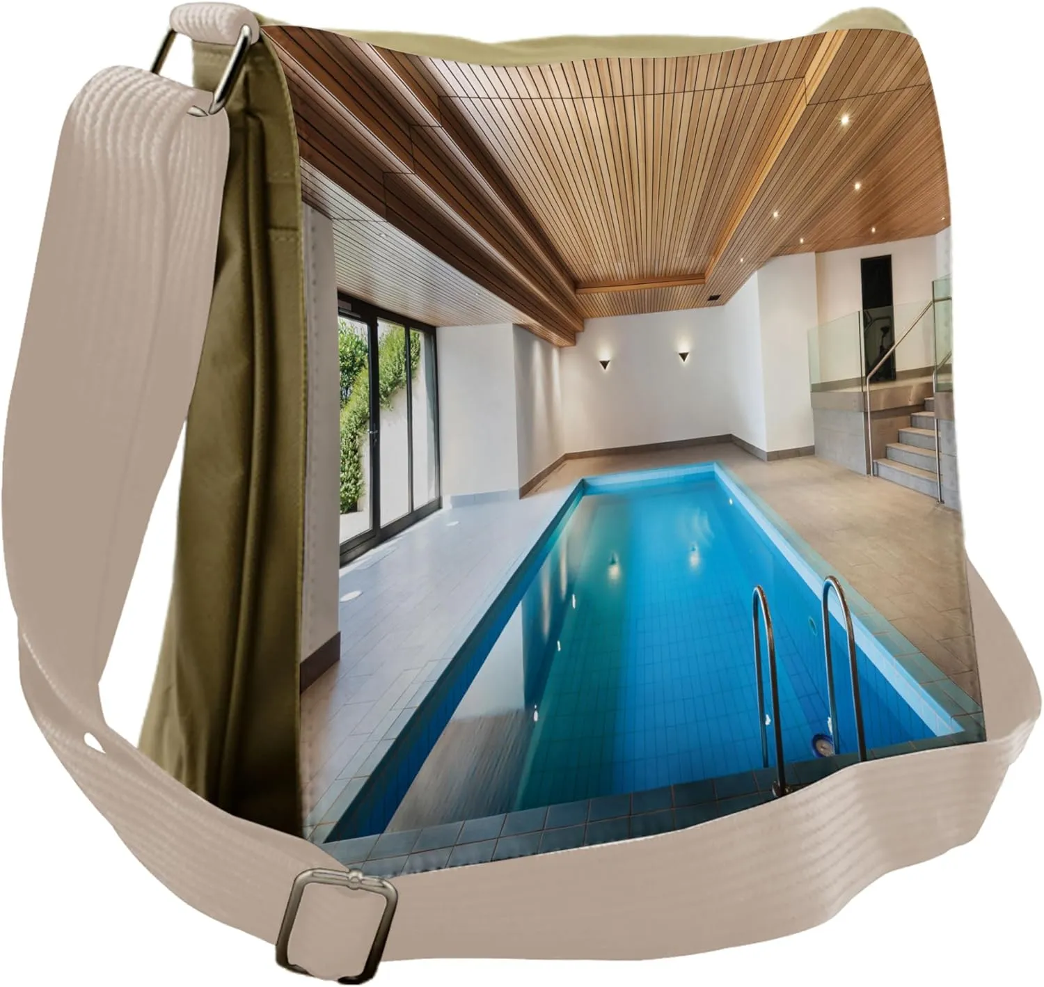 Lunarable Holiday Messenger Bag, Modern Apartment with Pool, Unisex Cross-body