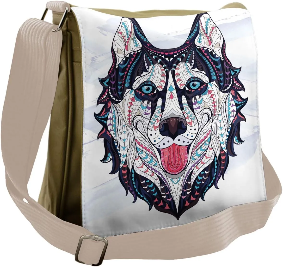 Lunarable Husky Messenger Bag, Tribal Dog Showing Tongue, Unisex Cross-body