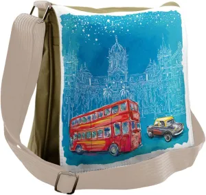 Lunarable Modern Messenger Bag, Double Decker Bus and Car, Unisex Cross-body