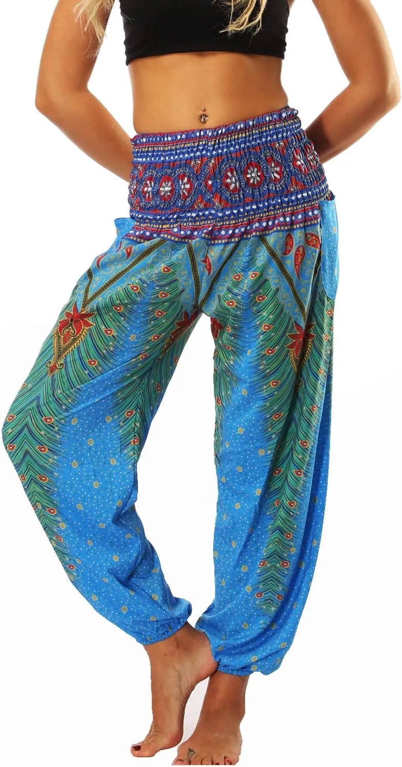 Lu's Chic Women's Boho Pants Harem Smocked Waist Yoga Hippie Palazzo Summer Beach Pants