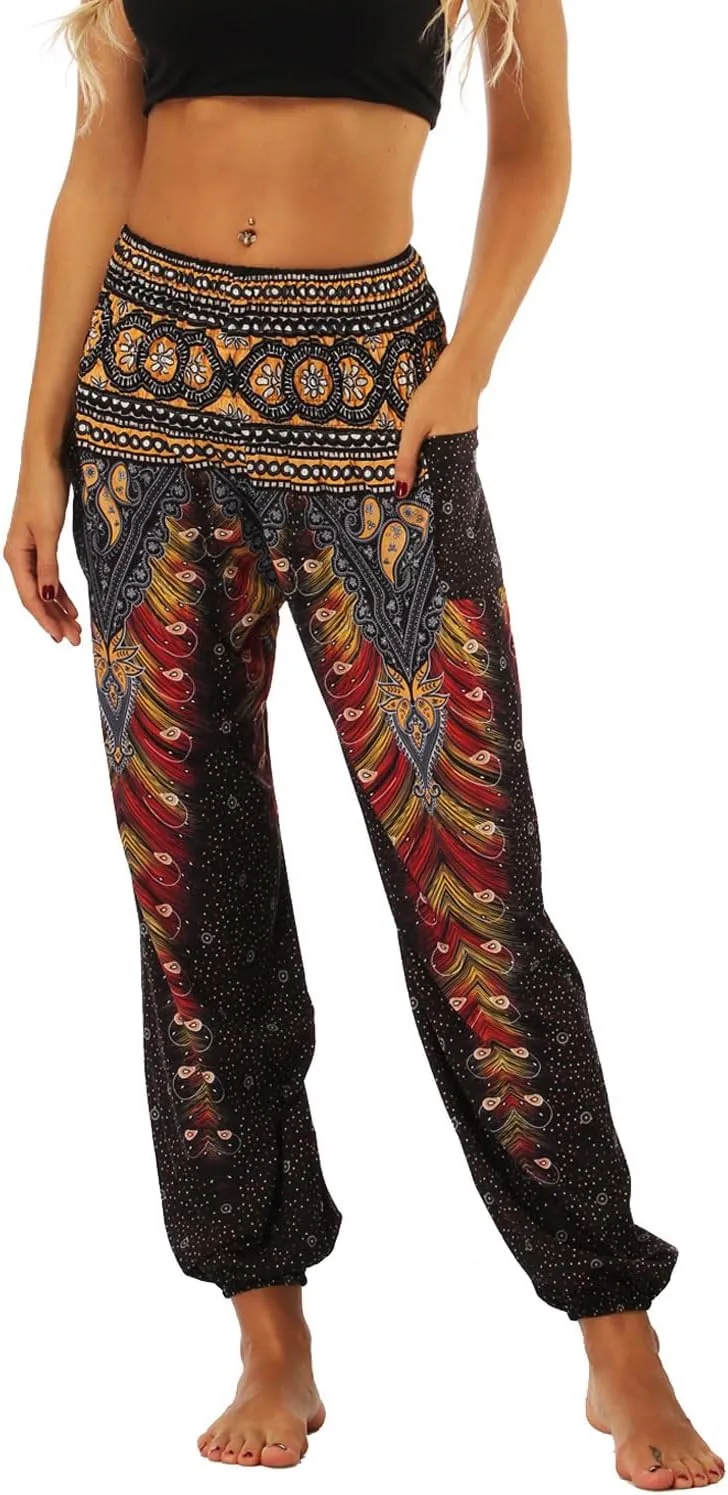Lu's Chic Women's Boho Pants Harem Smocked Waist Yoga Hippie Palazzo Summer Beach Pants