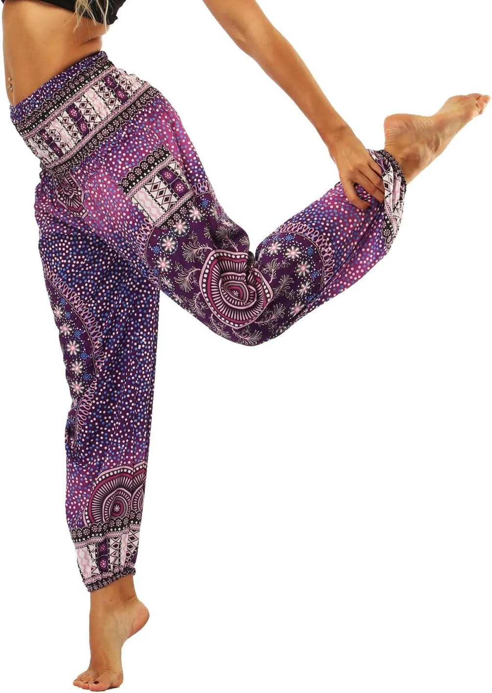 Lu's Chic Women's Boho Pants Harem Smocked Waist Yoga Hippie Palazzo Summer Beach Pants