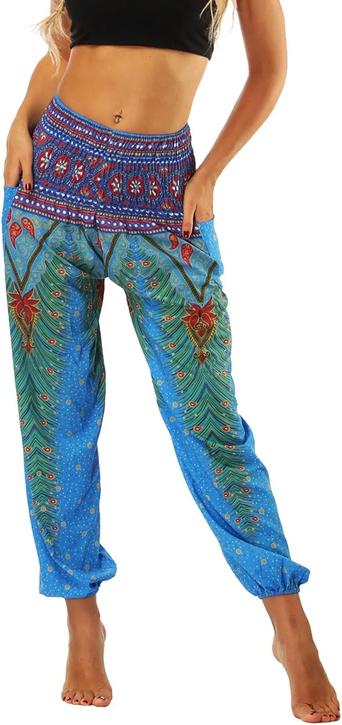 Lu's Chic Women's Boho Pants Harem Smocked Waist Yoga Hippie Palazzo Summer Beach Pants