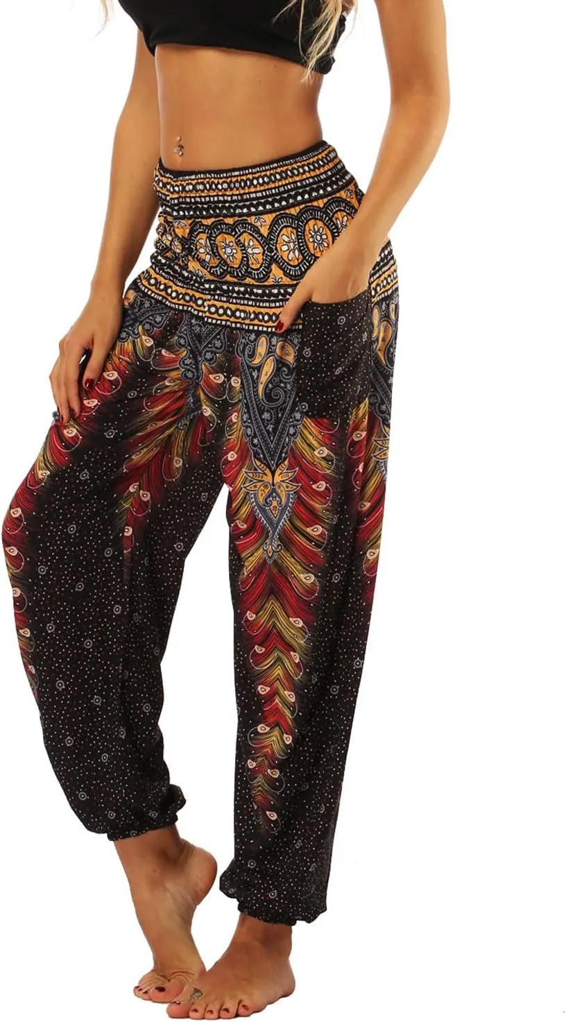 Lu's Chic Women's Boho Pants Harem Smocked Waist Yoga Hippie Palazzo Summer Beach Pants