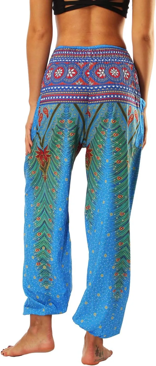 Lu's Chic Women's Boho Pants Harem Smocked Waist Yoga Hippie Palazzo Summer Beach Pants