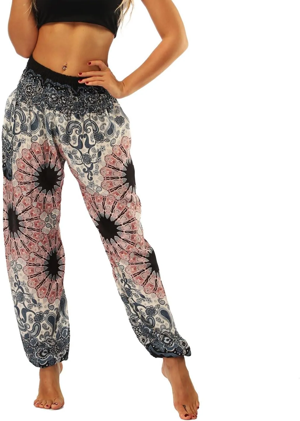 Lu's Chic Women's Boho Pants Harem Smocked Waist Yoga Hippie Palazzo Summer Beach Pants