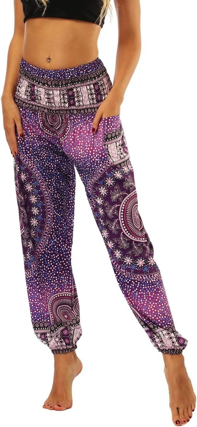 Lu's Chic Women's Boho Pants Harem Smocked Waist Yoga Hippie Palazzo Summer Beach Pants