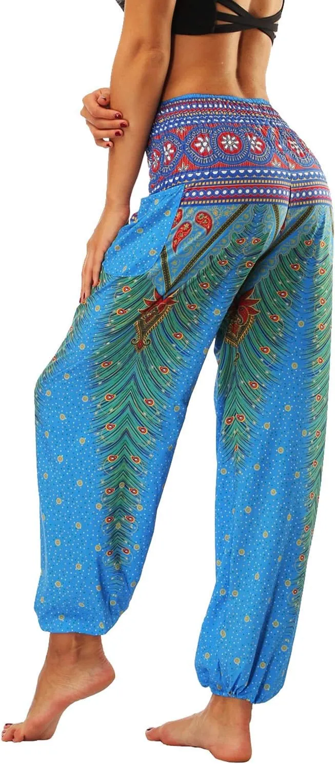 Lu's Chic Women's Boho Pants Harem Smocked Waist Yoga Hippie Palazzo Summer Beach Pants