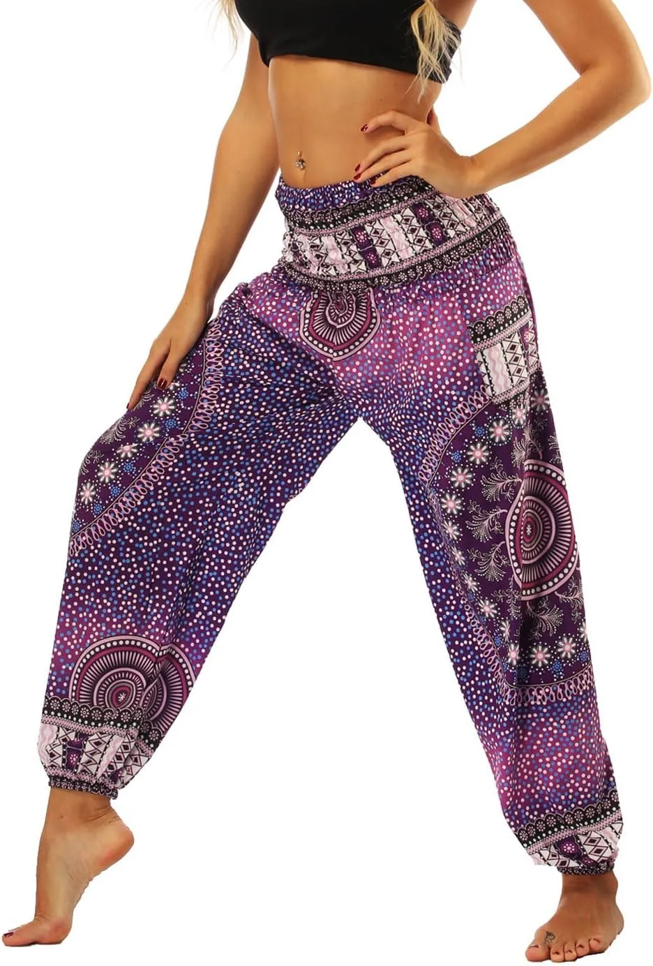 Lu's Chic Women's Boho Pants Harem Smocked Waist Yoga Hippie Palazzo Summer Beach Pants