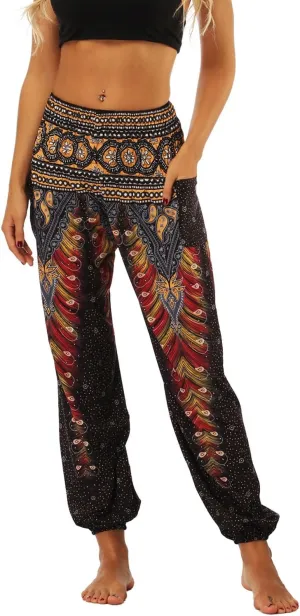 Lu's Chic Women's Boho Pants Harem Smocked Waist Yoga Hippie Palazzo Summer Beach Pants