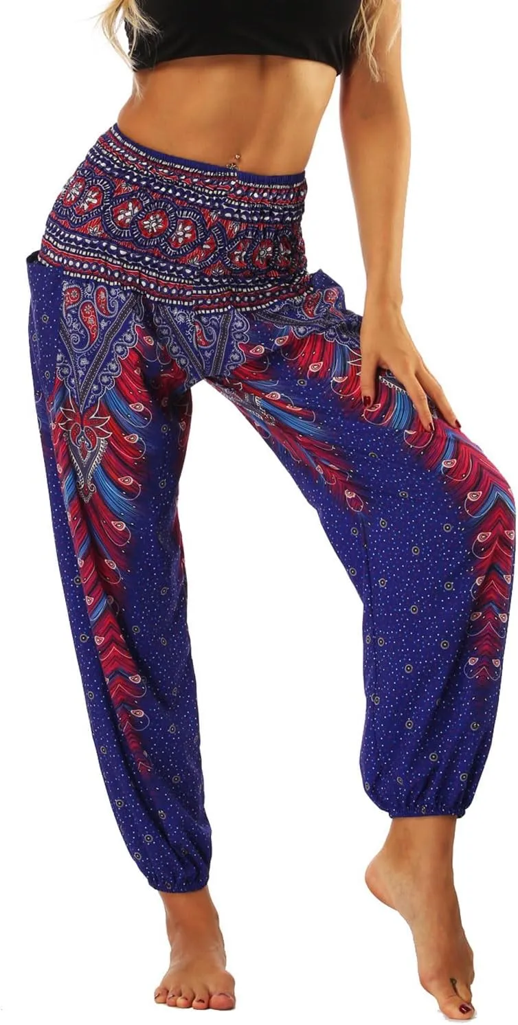 Lu's Chic Women's Boho Pants Harem Smocked Waist Yoga Hippie Palazzo Summer Beach Pants