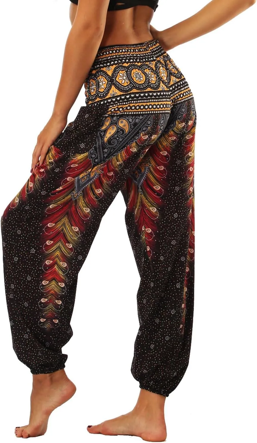 Lu's Chic Women's Boho Pants Harem Smocked Waist Yoga Hippie Palazzo Summer Beach Pants