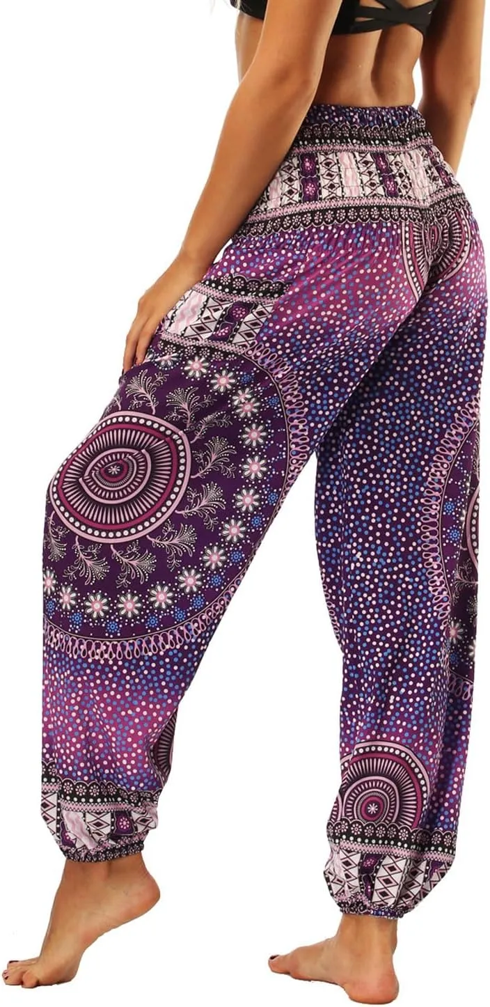Lu's Chic Women's Boho Pants Harem Smocked Waist Yoga Hippie Palazzo Summer Beach Pants