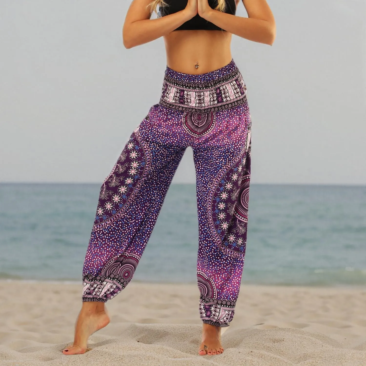 Lu's Chic Women's Boho Pants Harem Smocked Waist Yoga Hippie Palazzo Summer Beach Pants