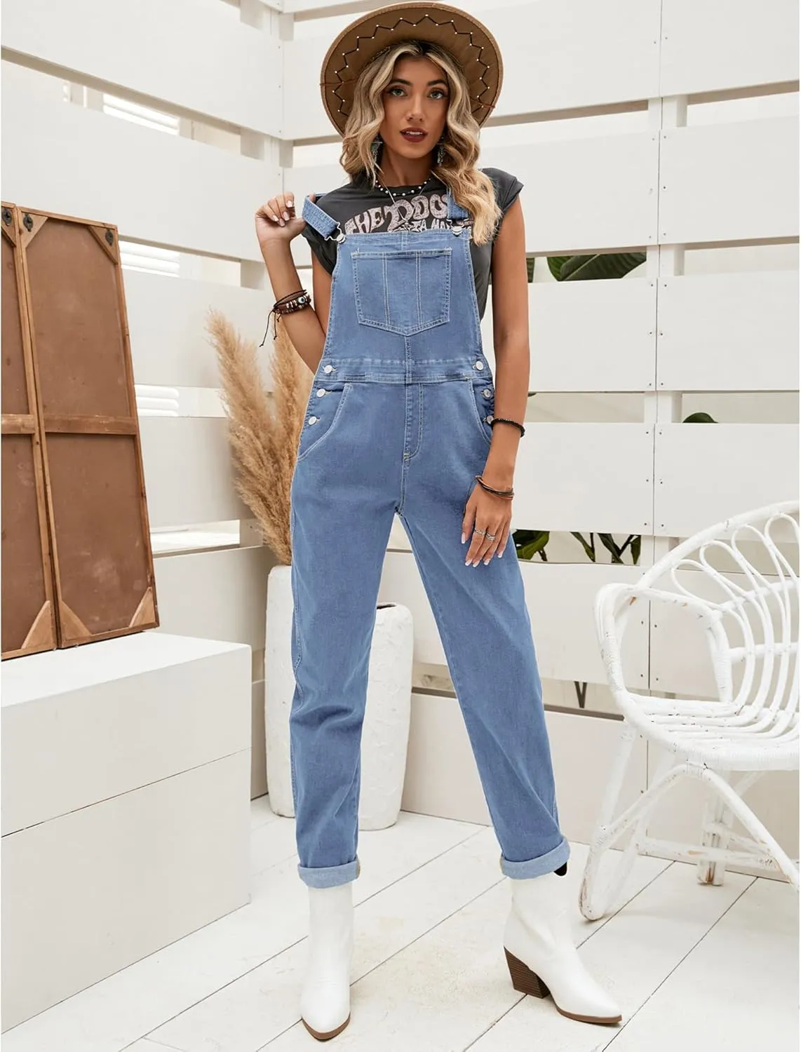 luvamia Women's Casual Stretch Adjustable Denim Bib Overalls Jeans Pants Jumpsuits