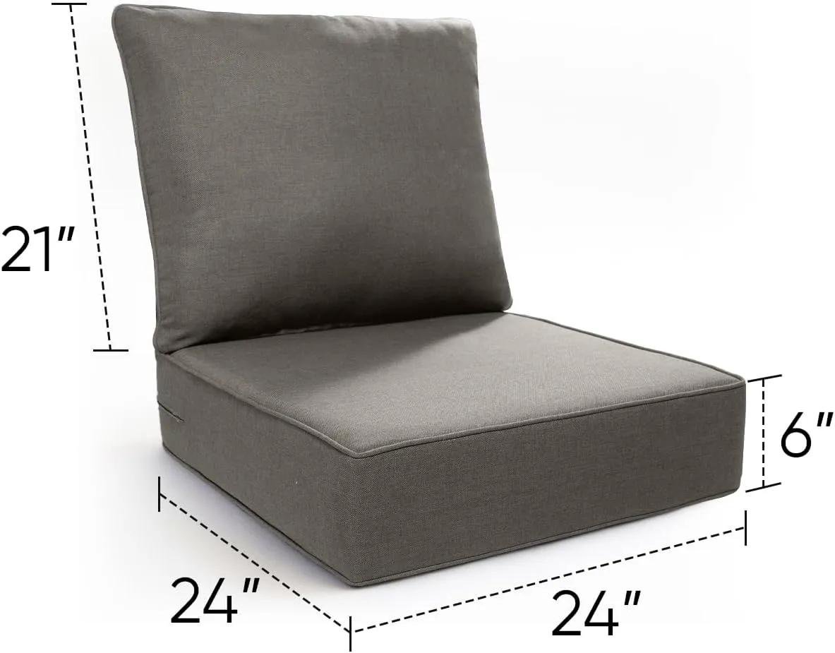 Luxury 6 Inch Outdoor Cushions 24x24 - Water&UV&Fade Resistant 1 Set Zippered Patio Seat Cushion for Wicker Dining Rocking Swivel Chairs Loveseat Couch Sectional Sofa - Grey