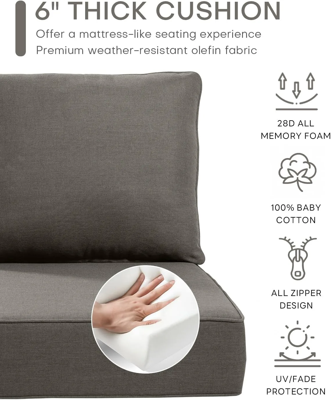 Luxury 6 Inch Outdoor Cushions 24x24 - Water&UV&Fade Resistant 1 Set Zippered Patio Seat Cushion for Wicker Dining Rocking Swivel Chairs Loveseat Couch Sectional Sofa - Grey