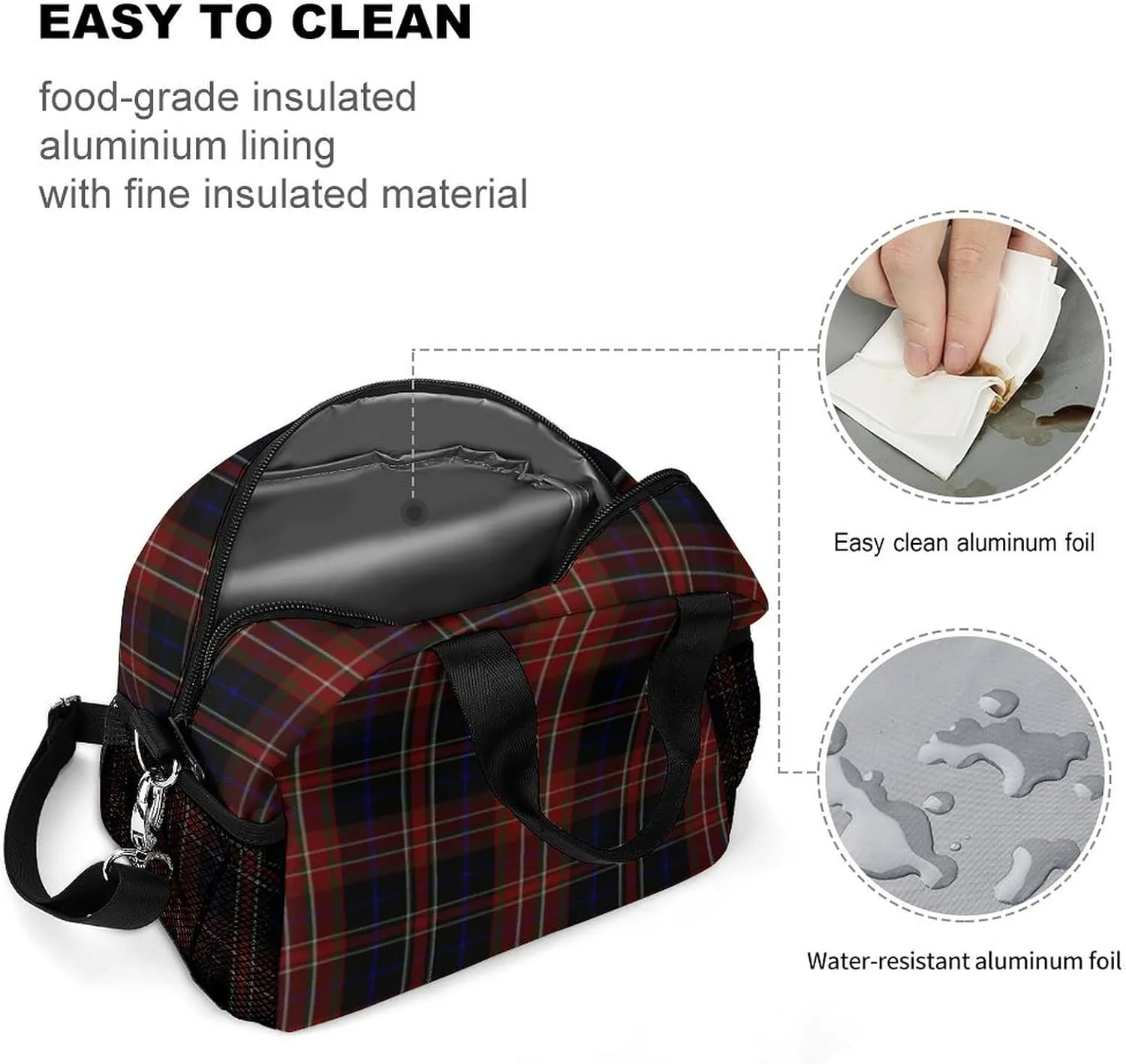 MacDonald Tartan Plaid Black Red Adjustable Shoulder Strap Insulated And Leak Proof Premium Lunch Bag Unisex