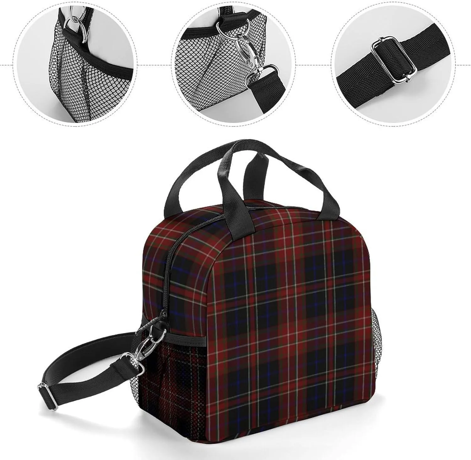 MacDonald Tartan Plaid Black Red Adjustable Shoulder Strap Insulated And Leak Proof Premium Lunch Bag Unisex