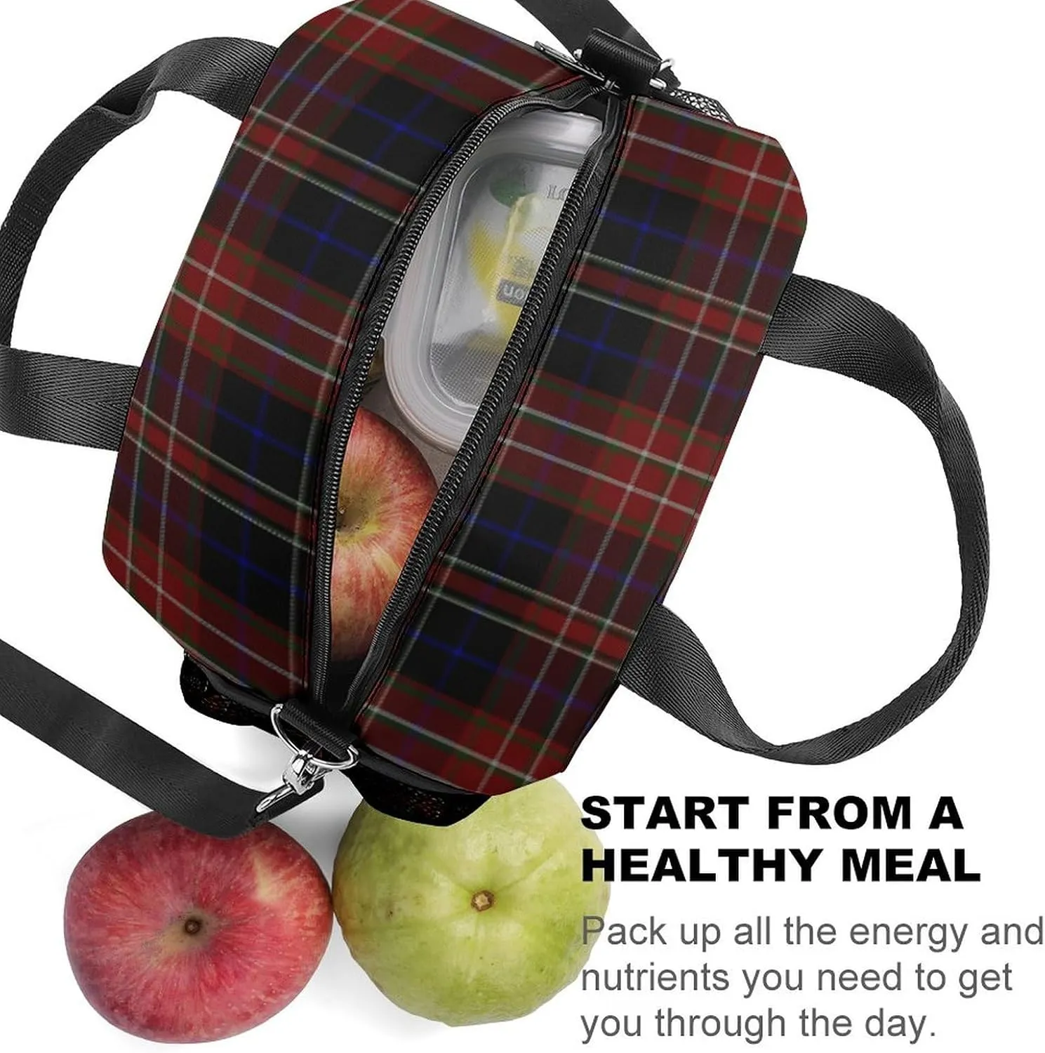 MacDonald Tartan Plaid Black Red Adjustable Shoulder Strap Insulated And Leak Proof Premium Lunch Bag Unisex