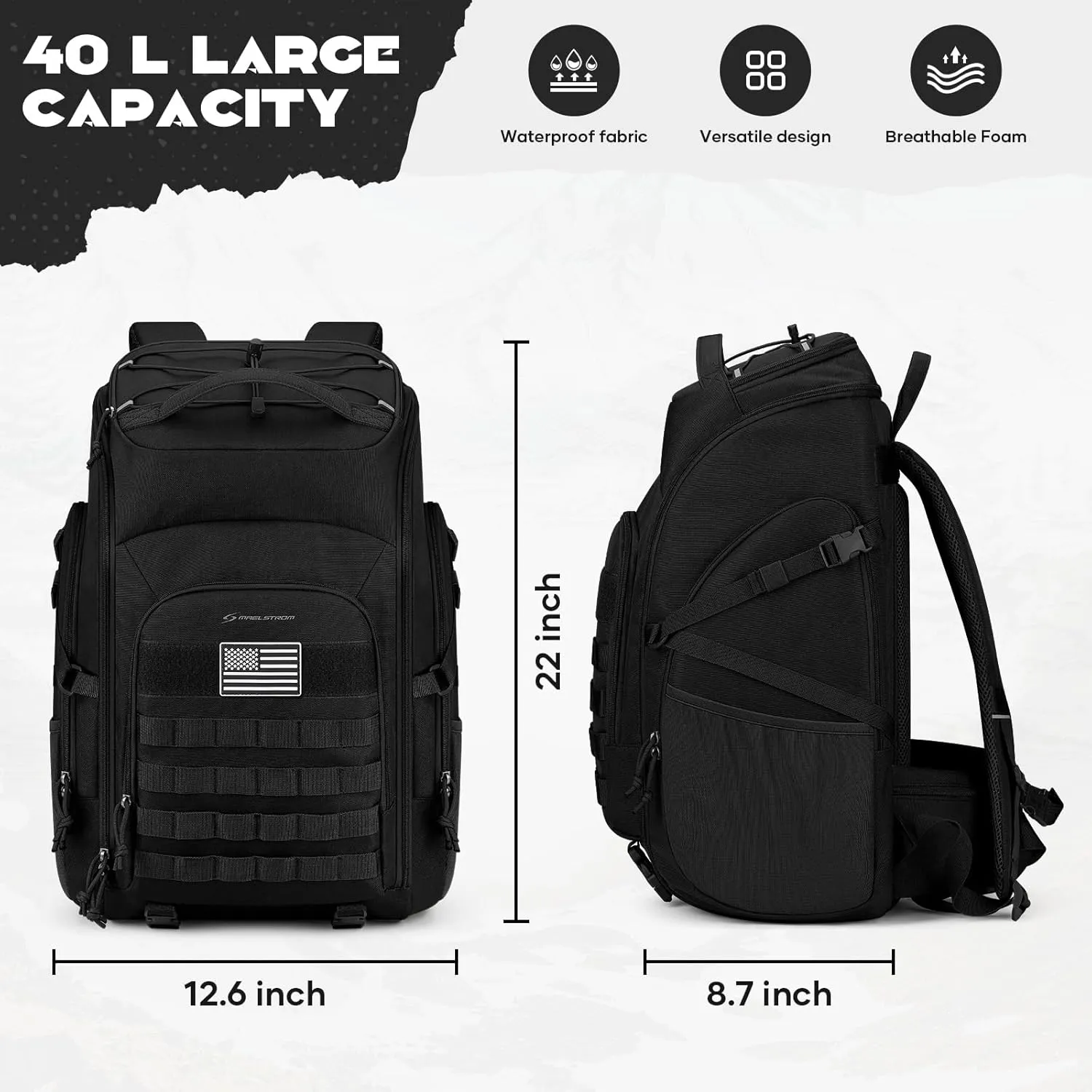 Maelstrom Tactical Backpack for Men, 40L Military Backpack,Water Resistant Assault Pack for Women, 3-Day Bug Out Bag for Hiking, Camping, Gym with Molle System-Black