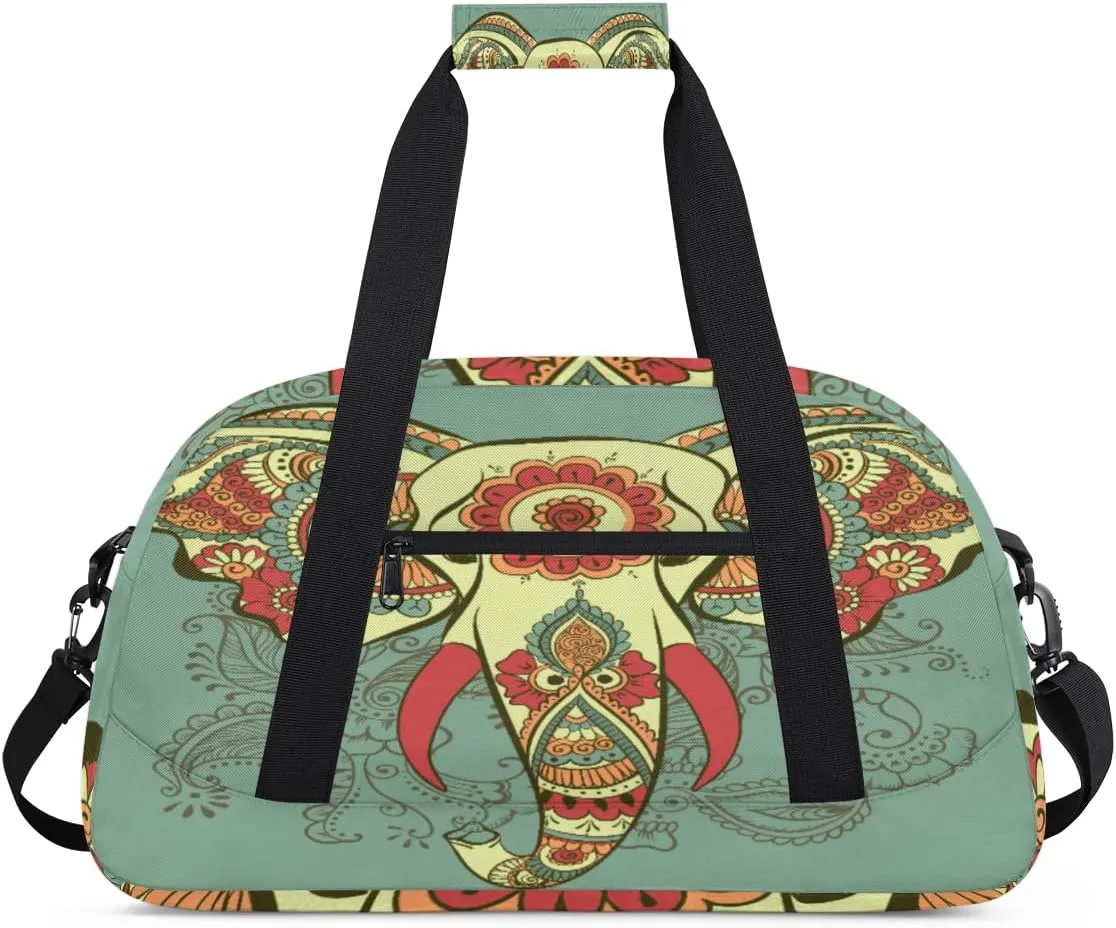Mandala Elephant Head Gym Duffel Bag for Men Women Bohemian Sports Tote Bag with Adjustable Shoulder Strap for Dance Gymnastics Traveling Outdoor Camping Overnight Stay