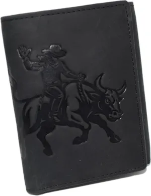 MARSHAL Men’s RFID Blocking Trifold Leather Chain Wallet – Bull Rider Western Cowboy Design – Snap Closure Wallet (Black No Chain)