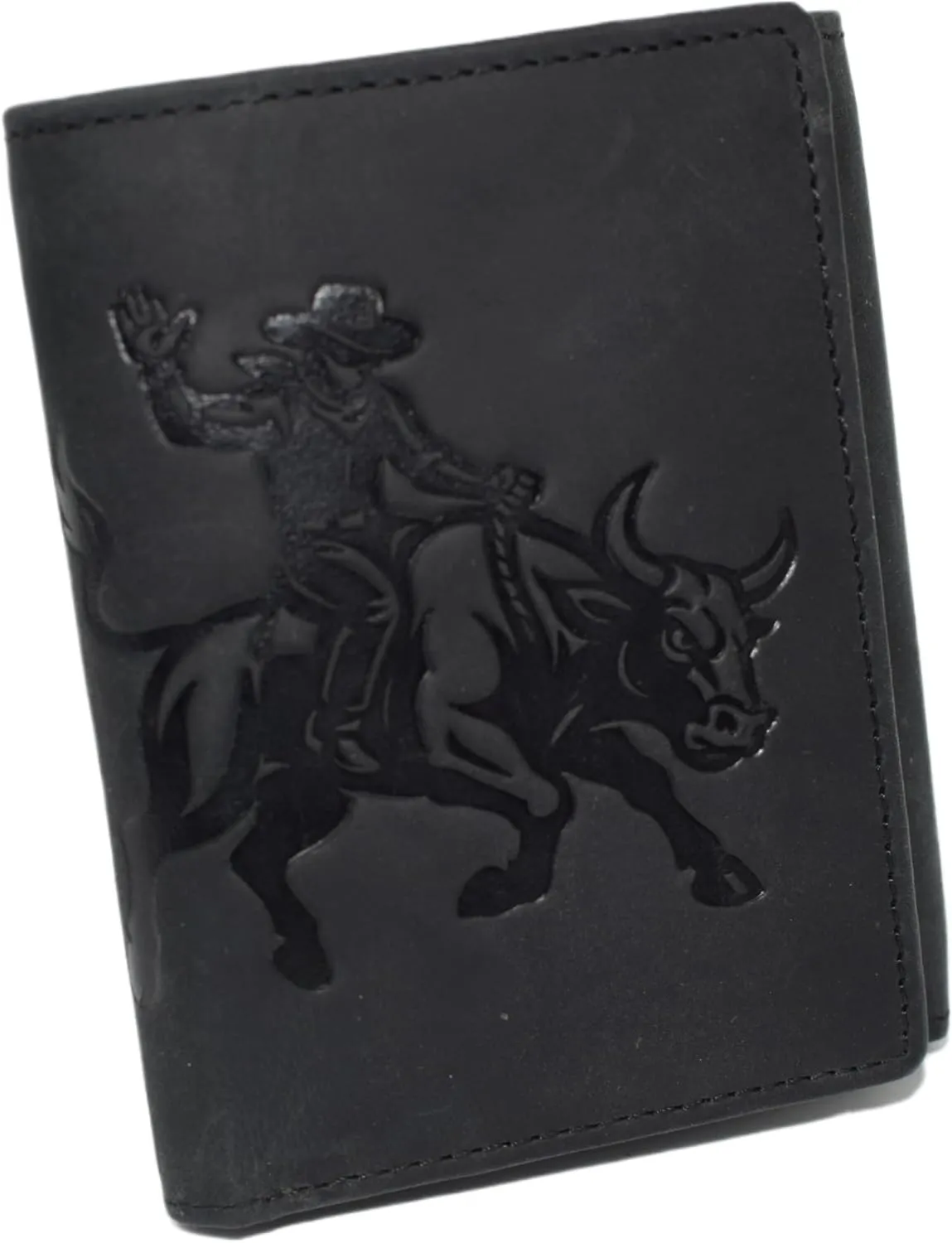 MARSHAL Men’s RFID Blocking Trifold Leather Chain Wallet – Bull Rider Western Cowboy Design – Snap Closure Wallet (Black No Chain)