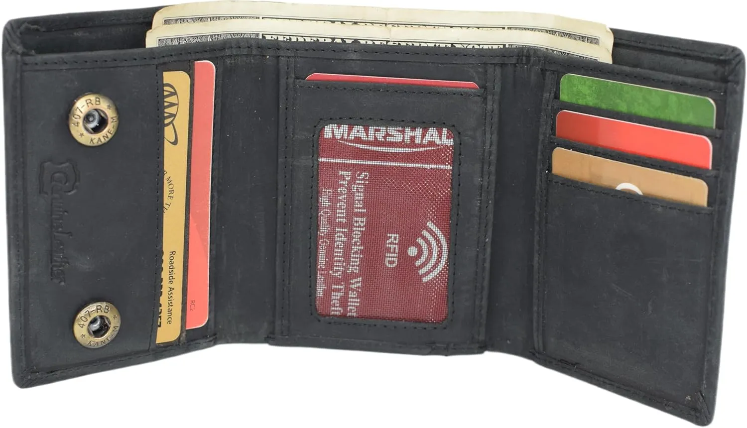 MARSHAL Men’s RFID Blocking Trifold Leather Chain Wallet – Bull Rider Western Cowboy Design – Snap Closure Wallet (Black No Chain)