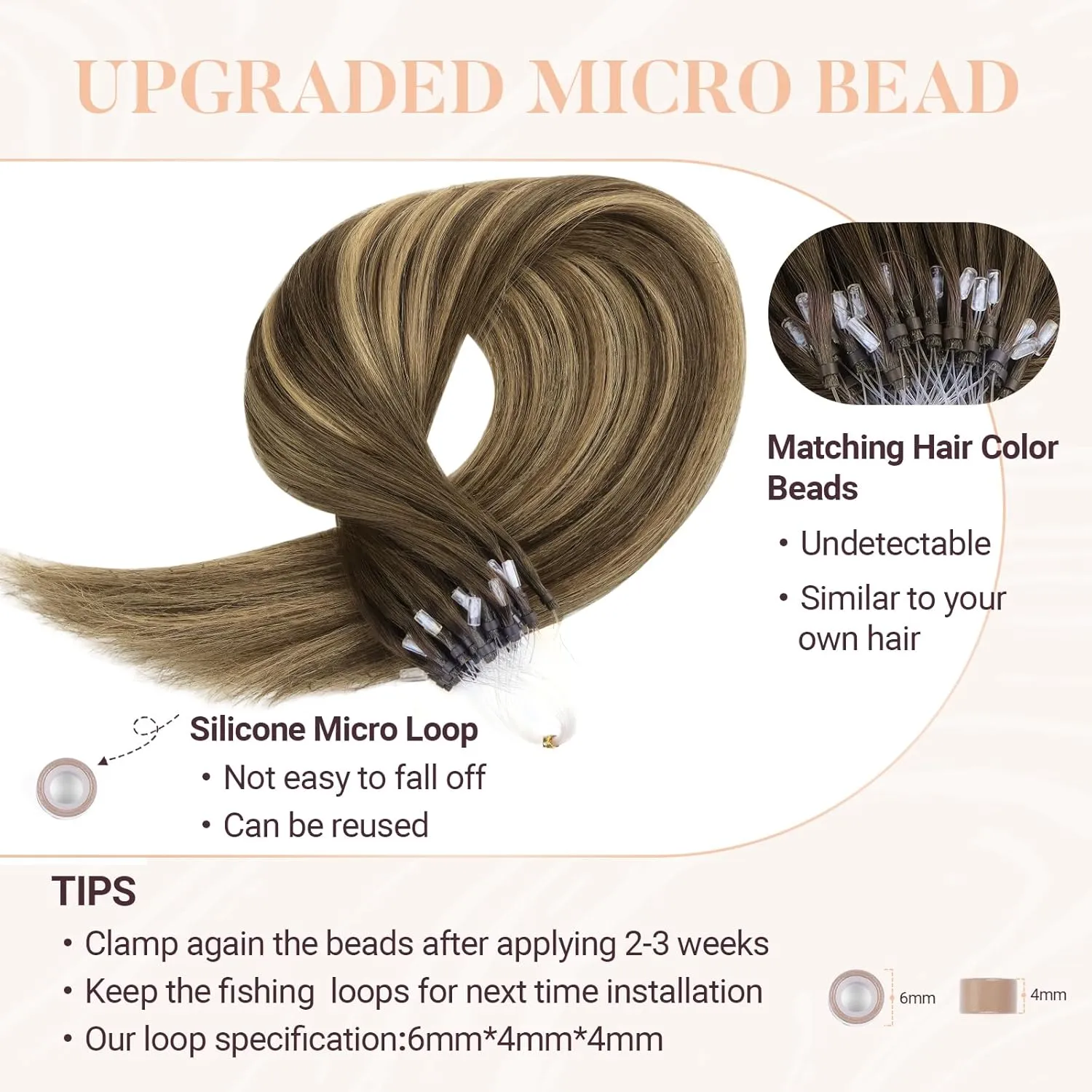 MAXITA Microlink Hair Extensions Human Hair Balayage Dark Brown Mixed Chestnut Brown Micro Bead Hair Extensions Virgin Human Hair, 50g/50 Strands/Pack, 14 In